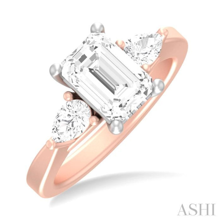 1/2 ctw Tri-Mount Emerald Shape Center Pear and Round Cut Diamond Semi Mount Engagement Ring in 14K Rose and White Gold