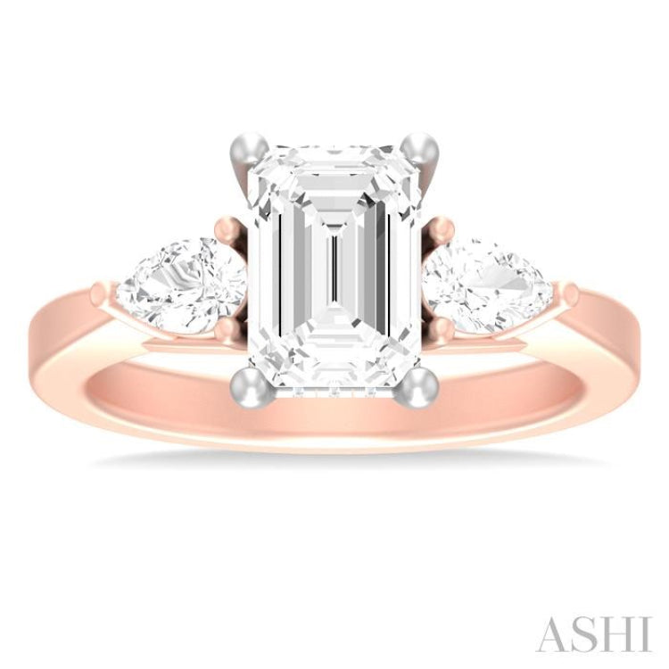 1/2 ctw Tri-Mount Emerald Shape Center Pear and Round Cut Diamond Semi Mount Engagement Ring in 14K Rose and White Gold