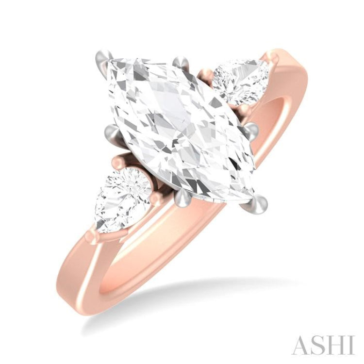 1/2 ctw Tri-Mount Marquise Shape Center Pear and Round Cut Diamond Semi Mount Engagement Ring in 14K Rose and White Gold
