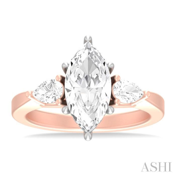 1/2 ctw Tri-Mount Marquise Shape Center Pear and Round Cut Diamond Semi Mount Engagement Ring in 14K Rose and White Gold