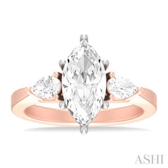 1/2 ctw Tri-Mount Marquise Shape Center Pear and Round Cut Diamond Semi Mount Engagement Ring in 14K Rose and White Gold