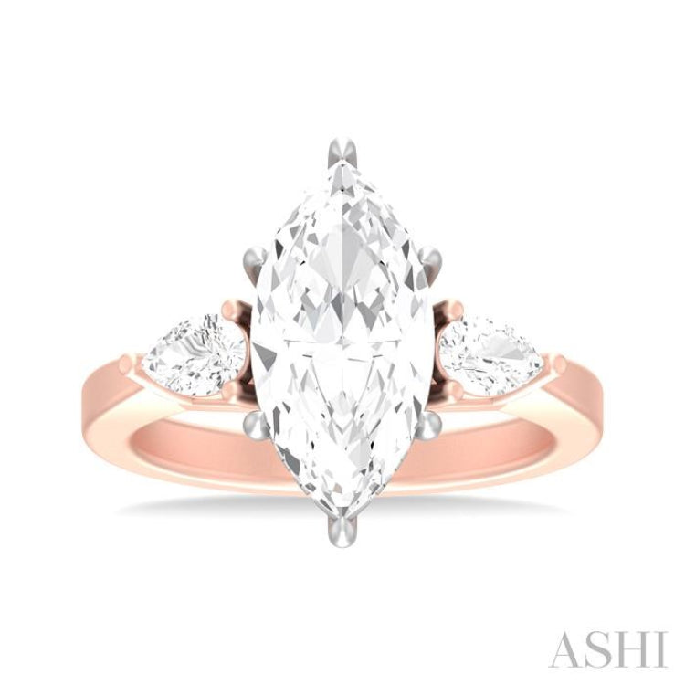 1/2 ctw Tri-Mount Marquise Shape Center Pear and Round Cut Diamond Semi Mount Engagement Ring in 14K Rose and White Gold