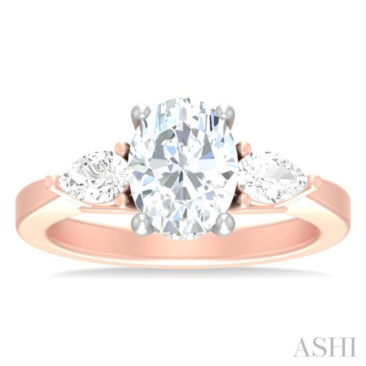 1/2 ctw Tri-Mount Oval Shape Center Pear and Round Cut Diamond Semi Mount Engagement Ring in 14K Rose and White Gold