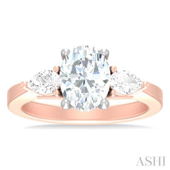 1/2 ctw Tri-Mount Oval Shape Center Pear and Round Cut Diamond Semi Mount Engagement Ring in 14K Rose and White Gold