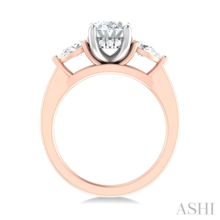 1/2 ctw Tri-Mount Oval Shape Center Pear and Round Cut Diamond Semi Mount Engagement Ring in 14K Rose and White Gold