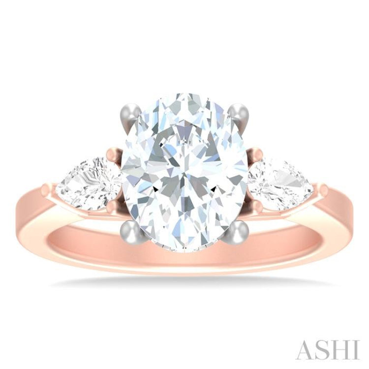 1/2 ctw Tri-Mount Oval Shape Center Pear and Round Cut Diamond Semi Mount Engagement Ring in 14K Rose and White Gold