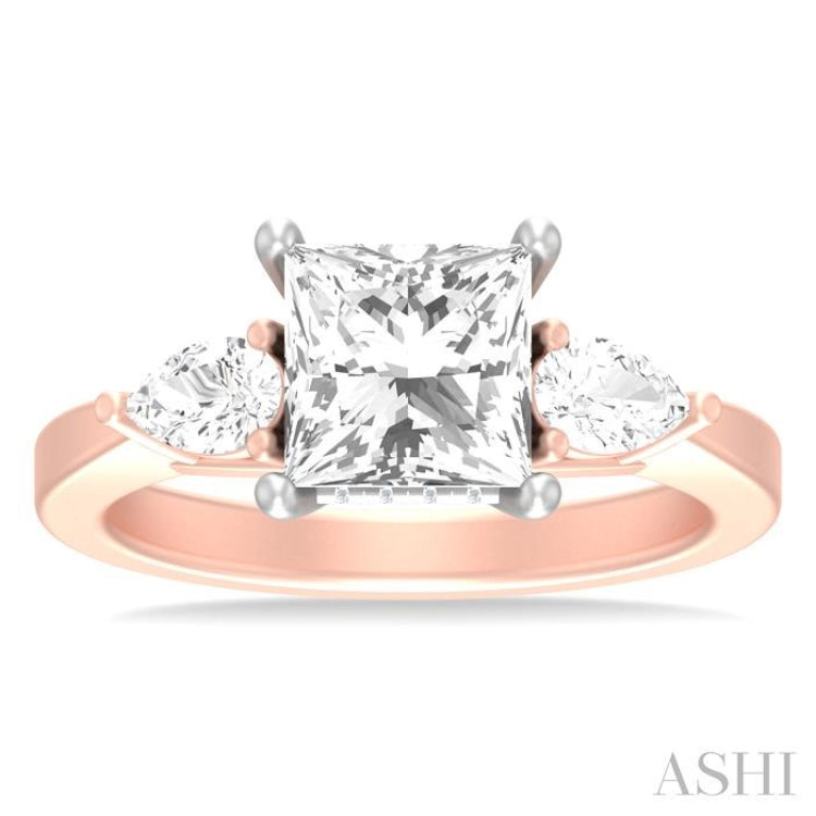 1/2 ctw Tri-Mount Princess Shape Center Pear and Round Cut Diamond Semi Mount Engagement Ring in 14K Rose and White Gold