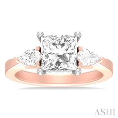 1/2 ctw Tri-Mount Princess Shape Center Pear and Round Cut Diamond Semi Mount Engagement Ring in 14K Rose and White Gold