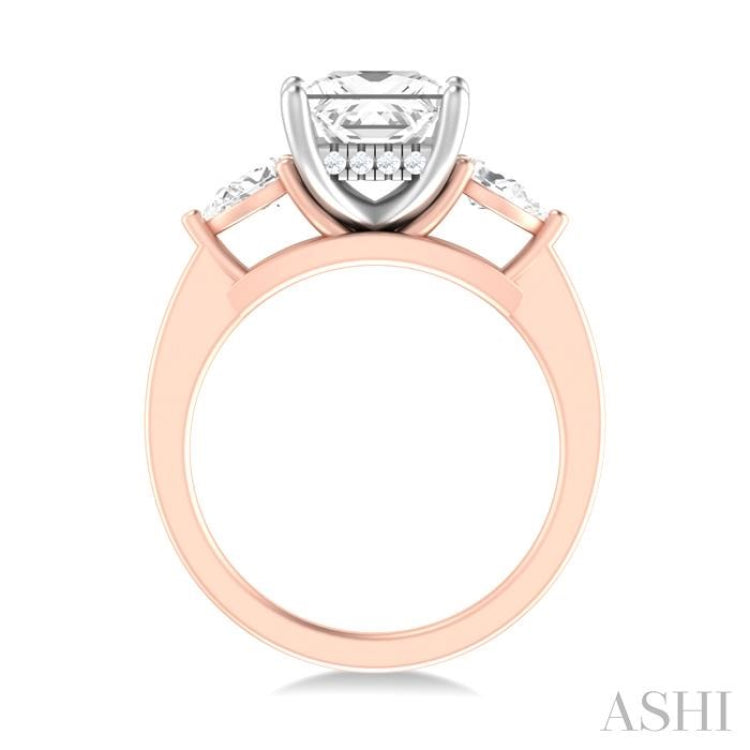 1/2 ctw Tri-Mount Princess Shape Center Pear and Round Cut Diamond Semi Mount Engagement Ring in 14K Rose and White Gold