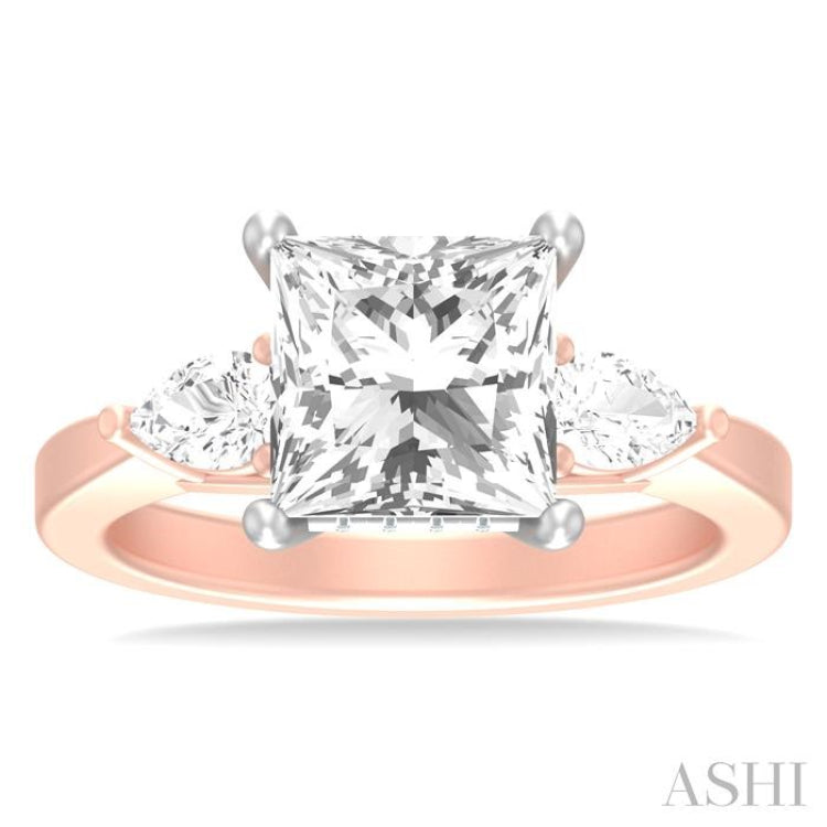 1/2 ctw Tri-Mount Princess Shape Center Pear and Round Cut Diamond Semi Mount Engagement Ring in 14K Rose and White Gold