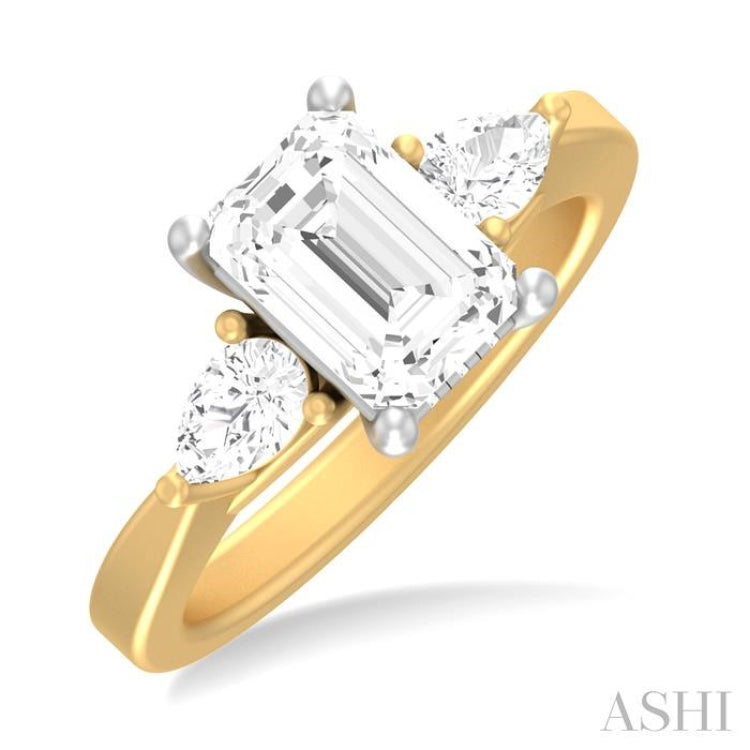 1/2 ctw Tri-Mount Emerald Shape Center Pear and Round Cut Diamond Semi Mount Engagement Ring in 14K Yellow and White Gold