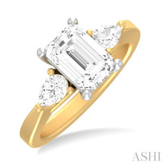 1/2 ctw Tri-Mount Emerald Shape Center Pear and Round Cut Diamond Semi Mount Engagement Ring in 14K Yellow and White Gold