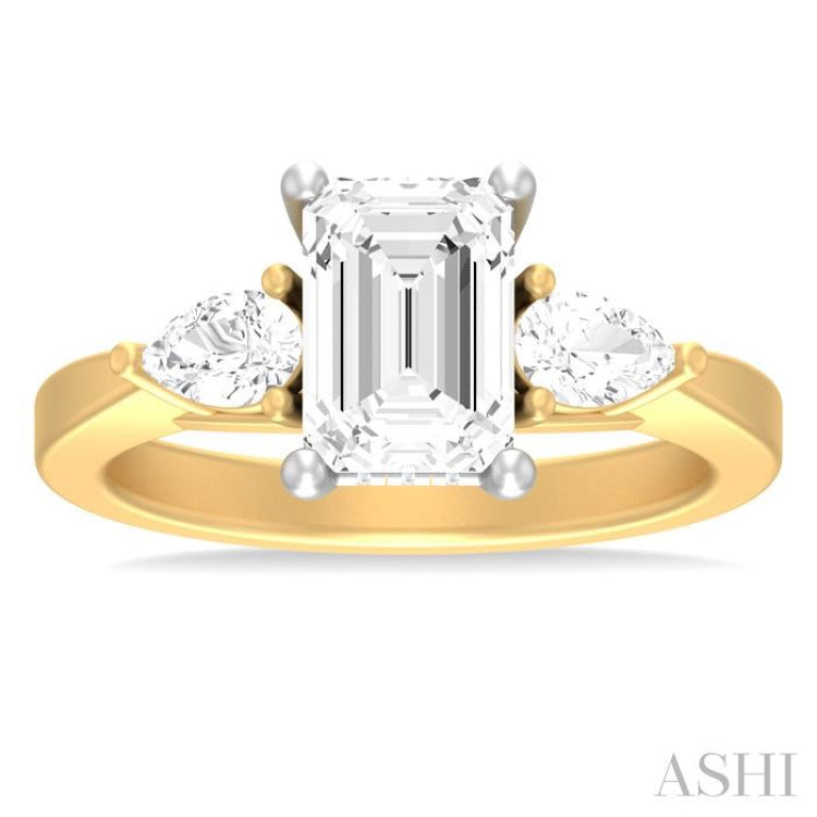 1/2 ctw Tri-Mount Emerald Shape Center Pear and Round Cut Diamond Semi Mount Engagement Ring in 14K Yellow and White Gold