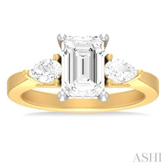 1/2 ctw Tri-Mount Emerald Shape Center Pear and Round Cut Diamond Semi Mount Engagement Ring in 14K Yellow and White Gold