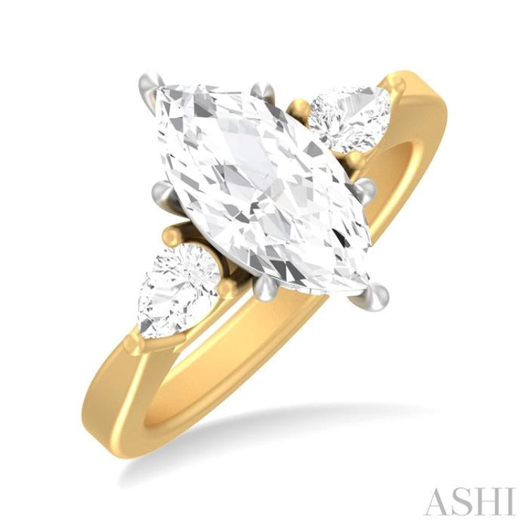 1/2 ctw Tri-Mount Marquise Shape Center Pear and Round Cut Diamond Semi Mount Engagement Ring in 14K Yellow and White Gold