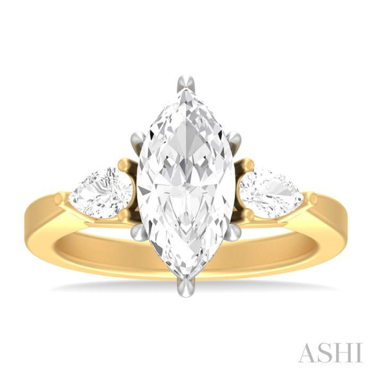 1/2 ctw Tri-Mount Marquise Shape Center Pear and Round Cut Diamond Semi Mount Engagement Ring in 14K Yellow and White Gold