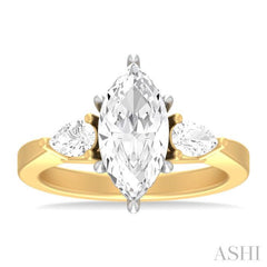 1/2 ctw Tri-Mount Marquise Shape Center Pear and Round Cut Diamond Semi Mount Engagement Ring in 14K Yellow and White Gold