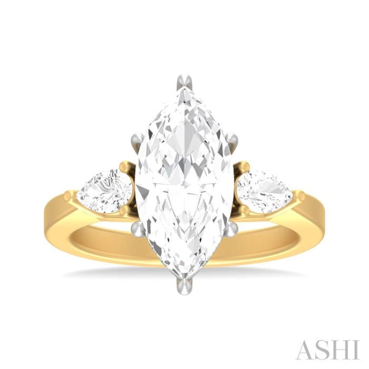 1/2 ctw Tri-Mount Marquise Shape Center Pear and Round Cut Diamond Semi Mount Engagement Ring in 14K Yellow and White Gold