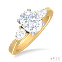 1/2 ctw Tri-Mount Oval Shape Center Pear and Round Cut Diamond Semi Mount Engagement Ring in 14K Yellow and White Gold