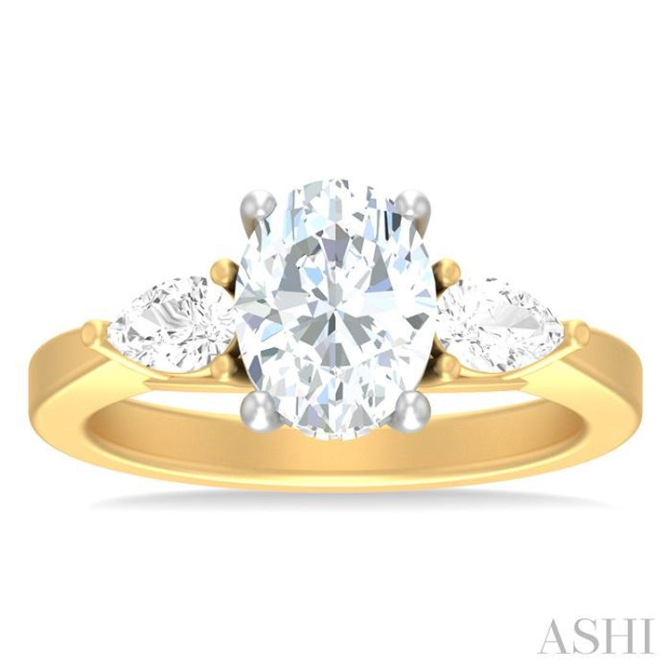 1/2 ctw Tri-Mount Oval Shape Center Pear and Round Cut Diamond Semi Mount Engagement Ring in 14K Yellow and White Gold