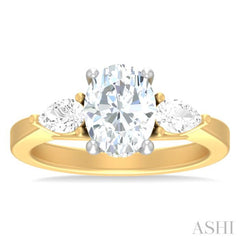 1/2 ctw Tri-Mount Oval Shape Center Pear and Round Cut Diamond Semi Mount Engagement Ring in 14K Yellow and White Gold