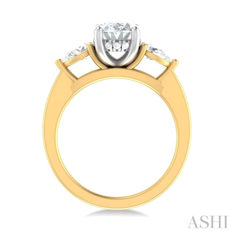 1/2 ctw Tri-Mount Oval Shape Center Pear and Round Cut Diamond Semi Mount Engagement Ring in 14K Yellow and White Gold