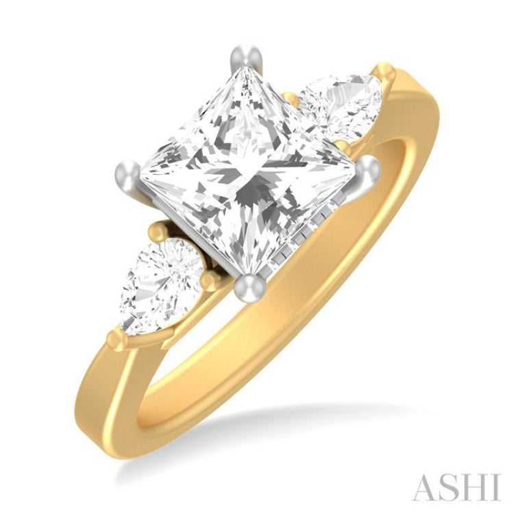 1/2 ctw Tri-Mount Princess Shape Center Pear and Round Cut Diamond Semi Mount Engagement Ring in 14K Yellow and White Gold