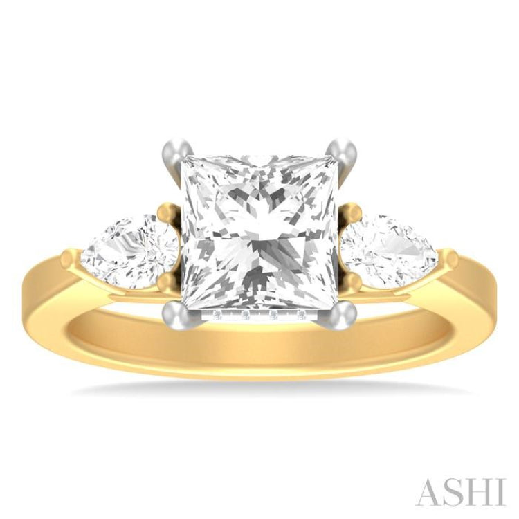 1/2 ctw Tri-Mount Princess Shape Center Pear and Round Cut Diamond Semi Mount Engagement Ring in 14K Yellow and White Gold
