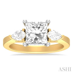 1/2 ctw Tri-Mount Princess Shape Center Pear and Round Cut Diamond Semi Mount Engagement Ring in 14K Yellow and White Gold