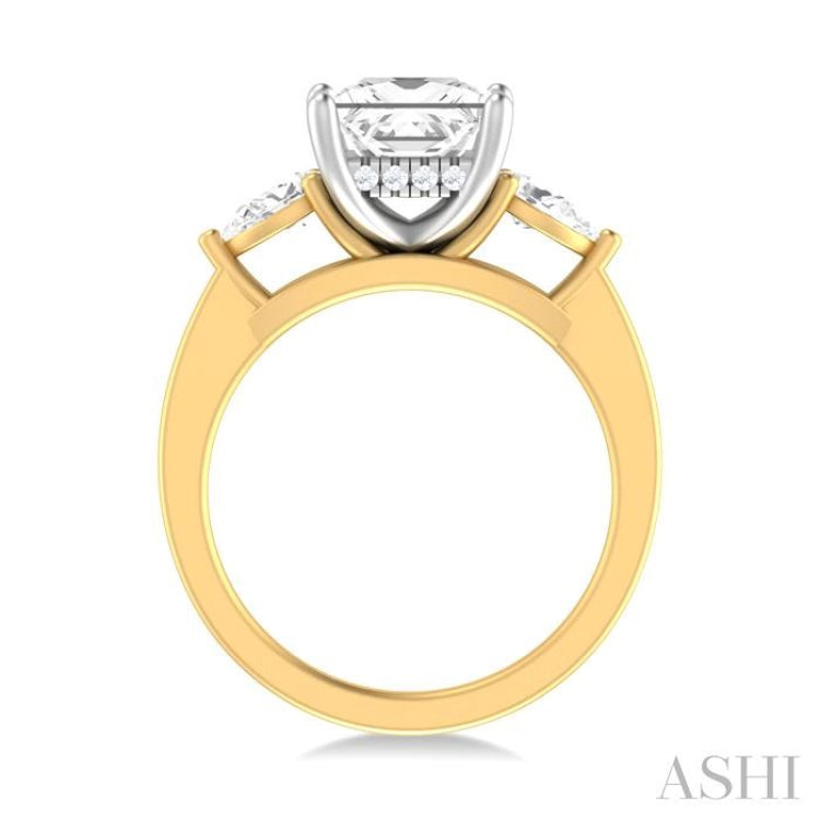 1/2 ctw Tri-Mount Princess Shape Center Pear and Round Cut Diamond Semi Mount Engagement Ring in 14K Yellow and White Gold
