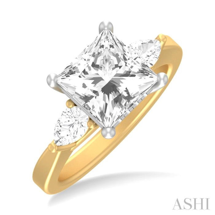 1/2 ctw Tri-Mount Princess Shape Center Pear and Round Cut Diamond Semi Mount Engagement Ring in 14K Yellow and White Gold
