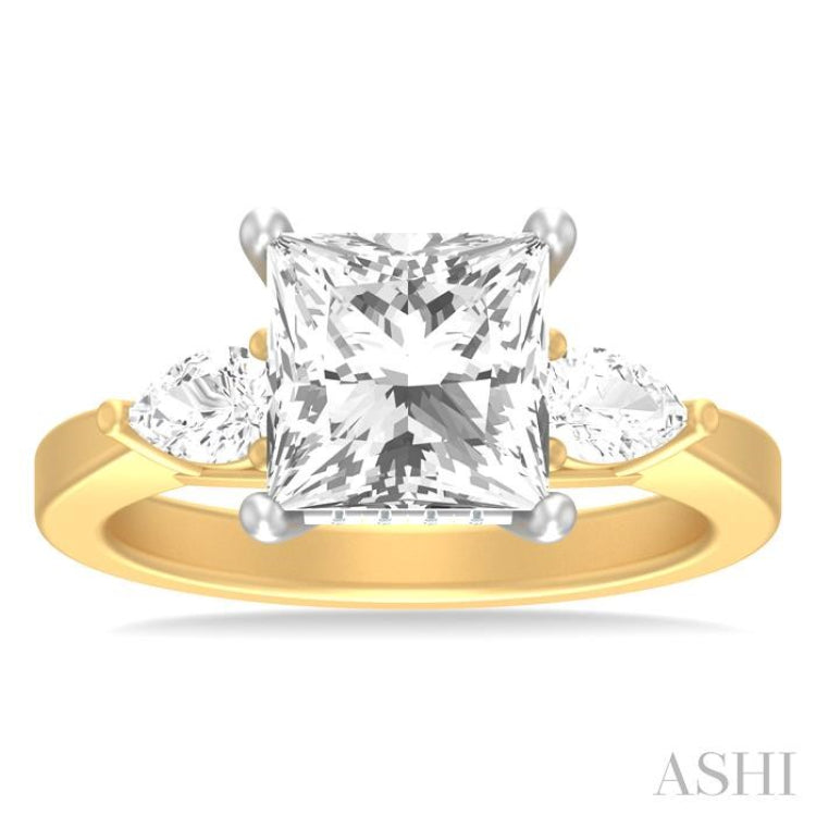 1/2 ctw Tri-Mount Princess Shape Center Pear and Round Cut Diamond Semi Mount Engagement Ring in 14K Yellow and White Gold