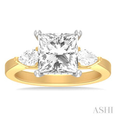 1/2 ctw Tri-Mount Princess Shape Center Pear and Round Cut Diamond Semi Mount Engagement Ring in 14K Yellow and White Gold