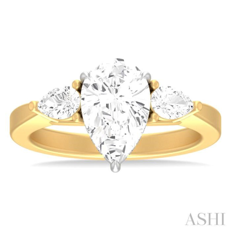1/2 ctw Tri-Mount Centerpiece Pear and Round Cut Diamond Semi Mount Engagement Ring in 14K yellow and White Gold