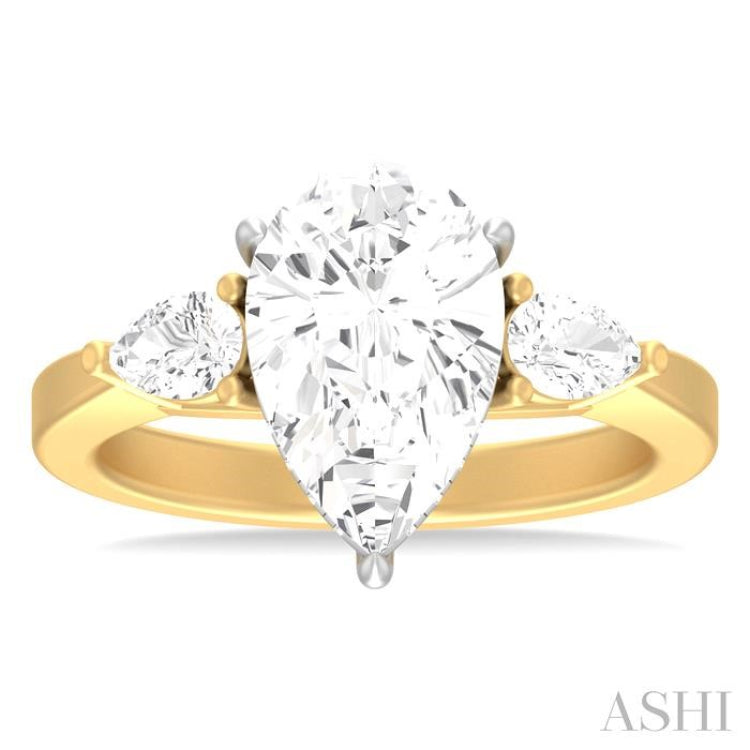 1/2 ctw Tri-Mount Centerpiece Pear and Round Cut Diamond Semi Mount Engagement Ring in 14K Yellow and White Gold