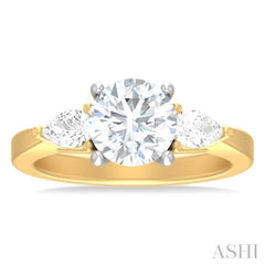 1/2 ctw Tri-Mount Circular Shape Center Pear and Round Cut Diamond Semi Mount Engagement Ring in 14K Yellow and White Gold