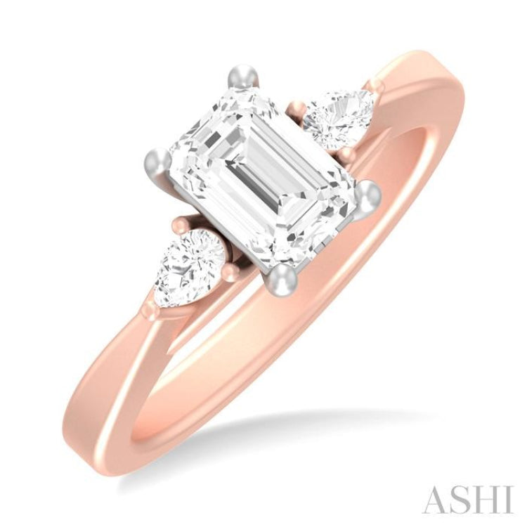 1/4 ctw Tri-Mount Emerald Shape Center Pear and Round Cut Diamond Semi Mount Engagement Ring in 14K Rose and White Gold