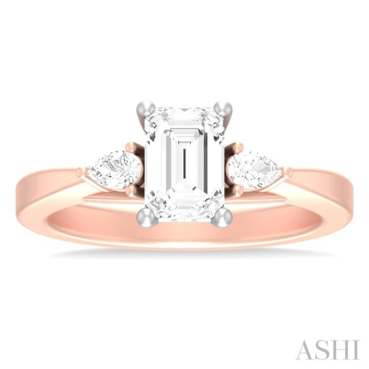 1/4 ctw Tri-Mount Emerald Shape Center Pear and Round Cut Diamond Semi Mount Engagement Ring in 14K Rose and White Gold