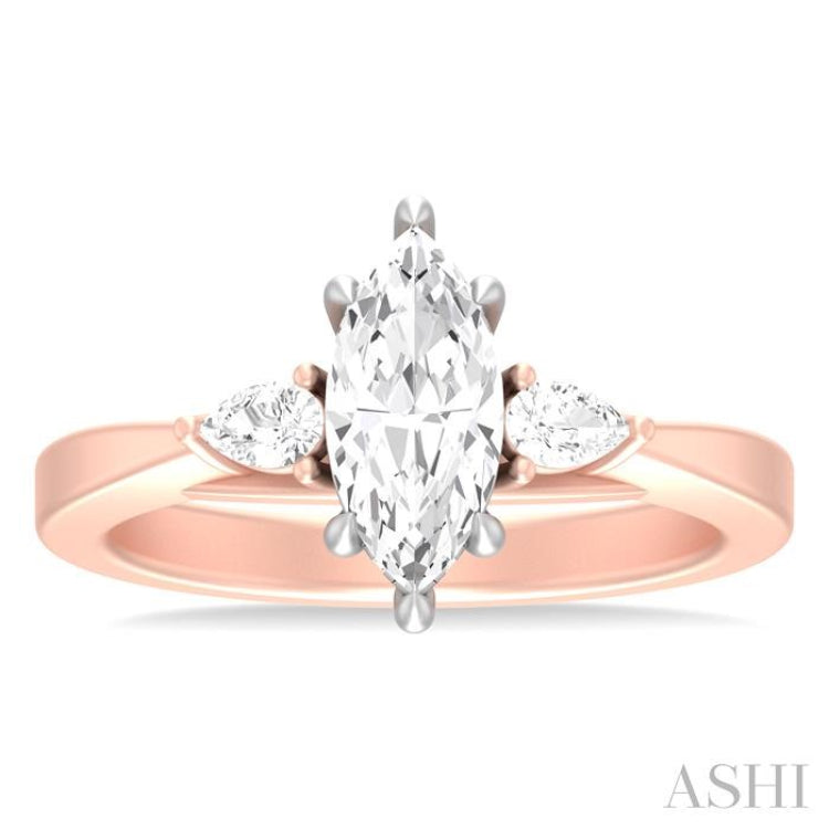 1/4 ctw Tri-Mount Marquise Shape Center Pear and Round Cut Diamond Semi Mount Engagement Ring in 14K Rose and White Gold