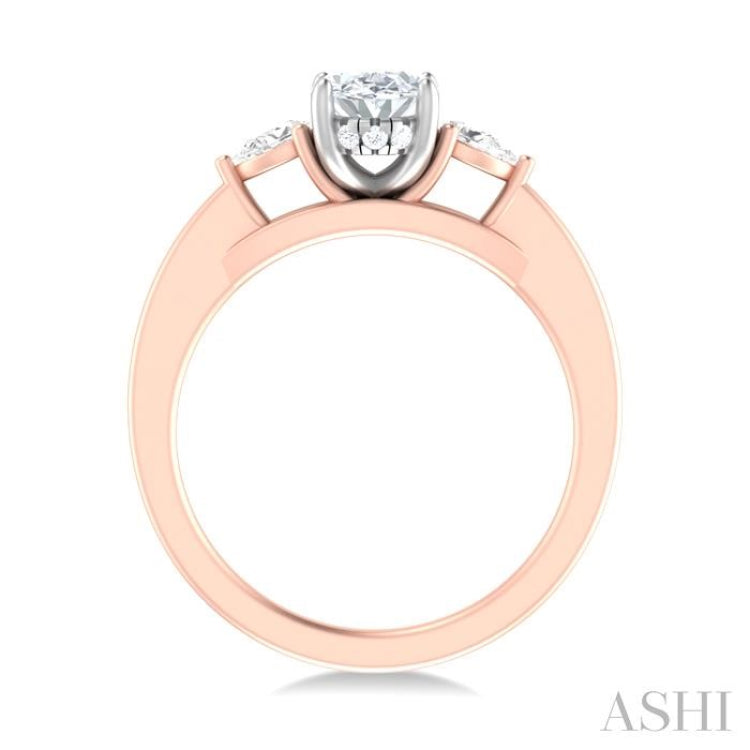 1/4 ctw Tri-Mount Oval Shape Center Pear and Round Cut Diamond Semi Mount Engagement Ring in 14K Rose and White Gold