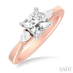 1/4 ctw Tri-Mount Princess Shape Center Pear and Round Cut Diamond Semi Mount Engagement Ring in 14K Rose and White Gold