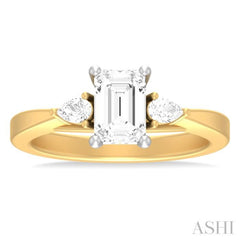 1/4 ctw Tri-Mount Emerald Shape Center Pear and Round Cut Diamond Semi Mount Engagement Ring in 14K Yellow and White Gold