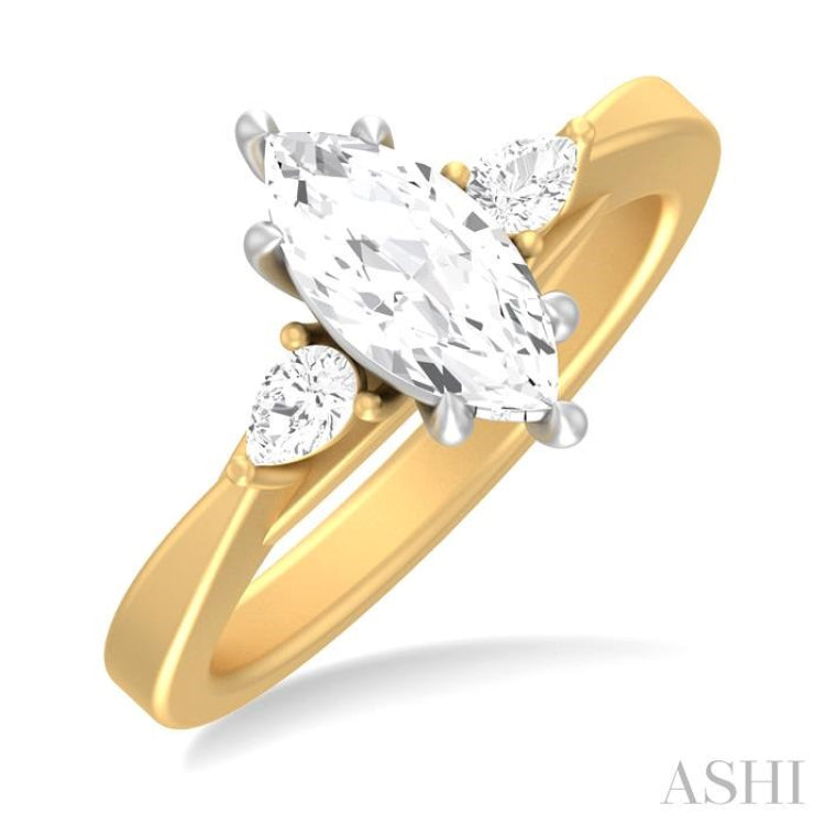 1/4 ctw Tri-Mount Marquise Shape Center Pear and Round Cut Diamond Semi Mount Engagement Ring in 14K Yellow and White Gold