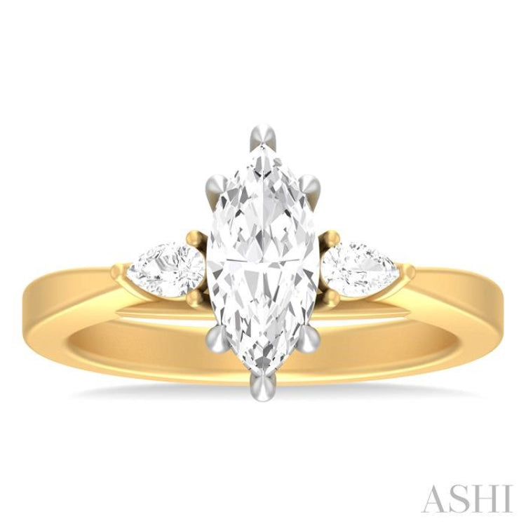 1/4 ctw Tri-Mount Marquise Shape Center Pear and Round Cut Diamond Semi Mount Engagement Ring in 14K Yellow and White Gold