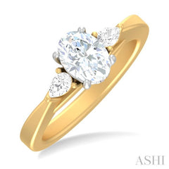1/4 ctw Tri-Mount Oval Shape Center Pear and Round Cut Diamond Semi Mount Engagement Ring in 14K Yellow and White Gold