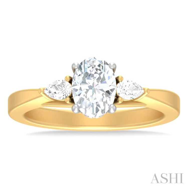 1/4 ctw Tri-Mount Oval Shape Center Pear and Round Cut Diamond Semi Mount Engagement Ring in 14K Yellow and White Gold