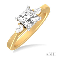 1/4 ctw Tri-Mount Princess Shape Center Pear and Round Cut Diamond Semi Mount Engagement Ring in 14K Yellow and White Gold