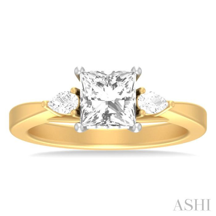 1/4 ctw Tri-Mount Princess Shape Center Pear and Round Cut Diamond Semi Mount Engagement Ring in 14K Yellow and White Gold