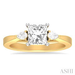 1/4 ctw Tri-Mount Princess Shape Center Pear and Round Cut Diamond Semi Mount Engagement Ring in 14K Yellow and White Gold