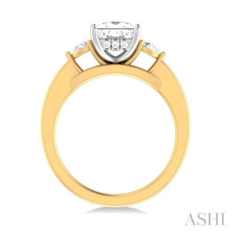 1/4 ctw Tri-Mount Princess Shape Center Pear and Round Cut Diamond Semi Mount Engagement Ring in 14K Yellow and White Gold